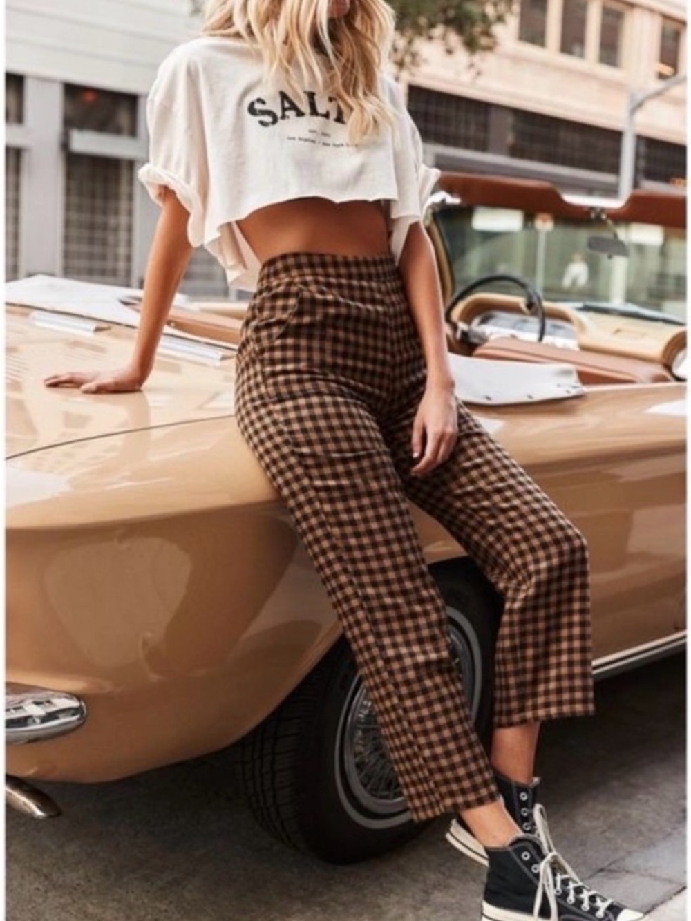 12th Tribe Brown Plaid Cropped High-Waist Pants